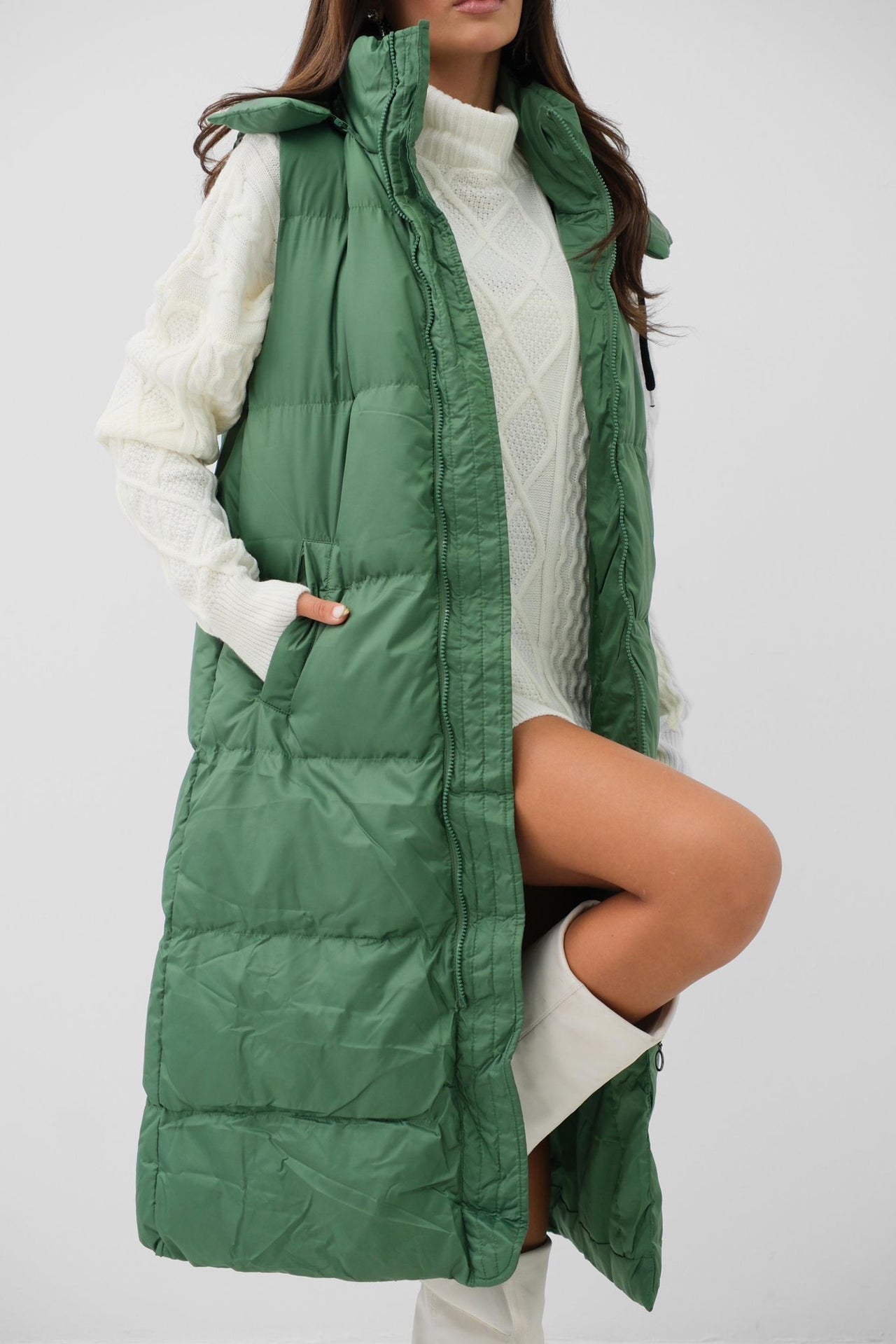 Evergreen Maxi-vest met capuchon en puffer