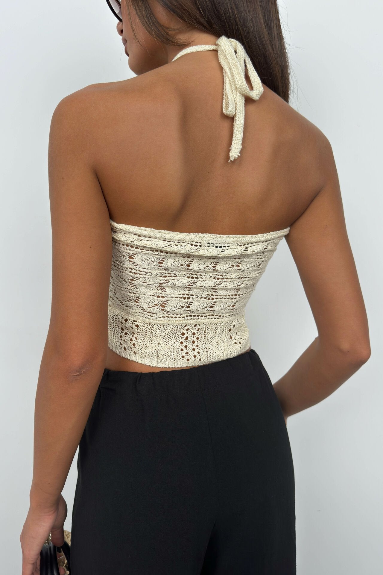 White Openwork Backless Crop Top