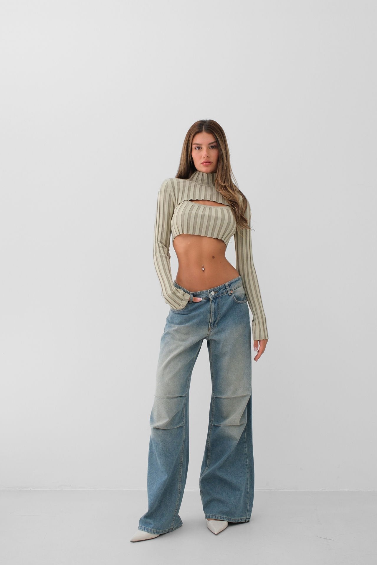 Turtleneck Beige Knitwear Crop Top