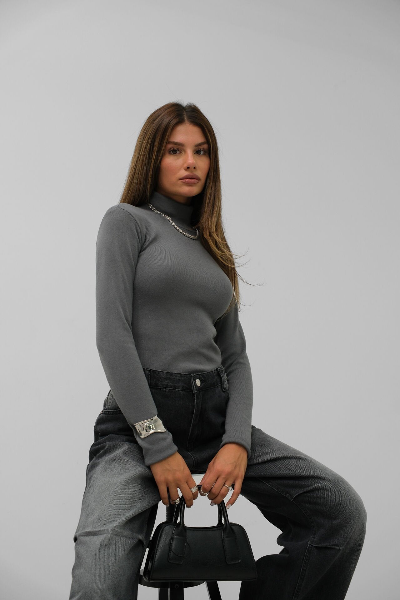 Turtleneck Gray Knitwear Blouse