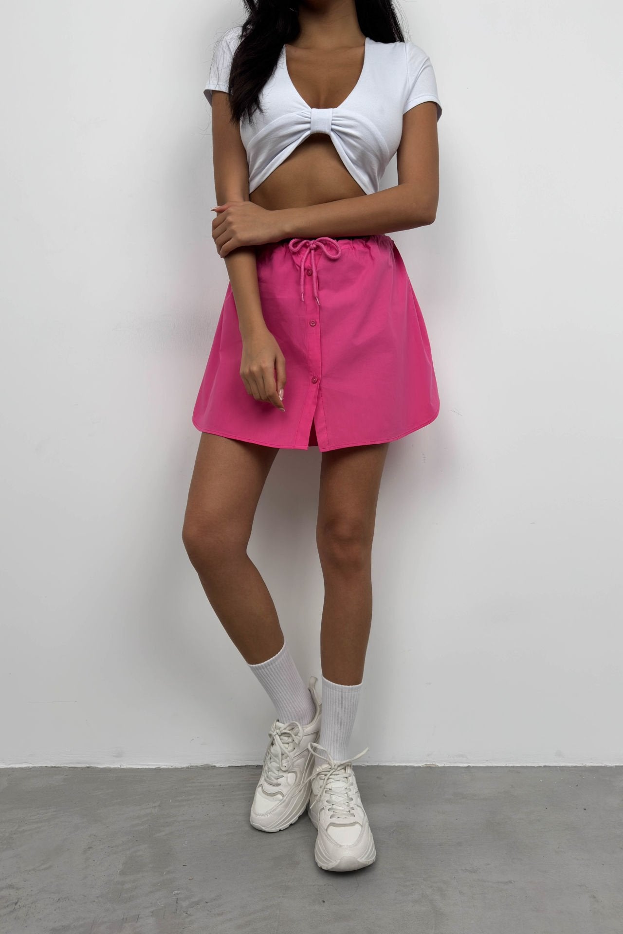 Elastic Waist Buttoned Fuchsia Mini Skirt