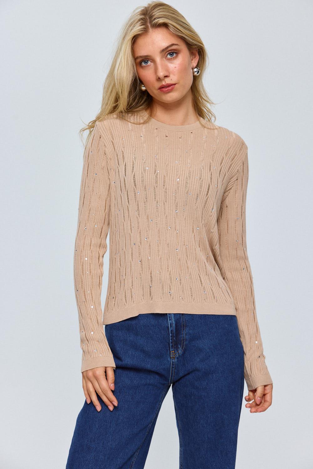 Beige Openwork Knit Blouse