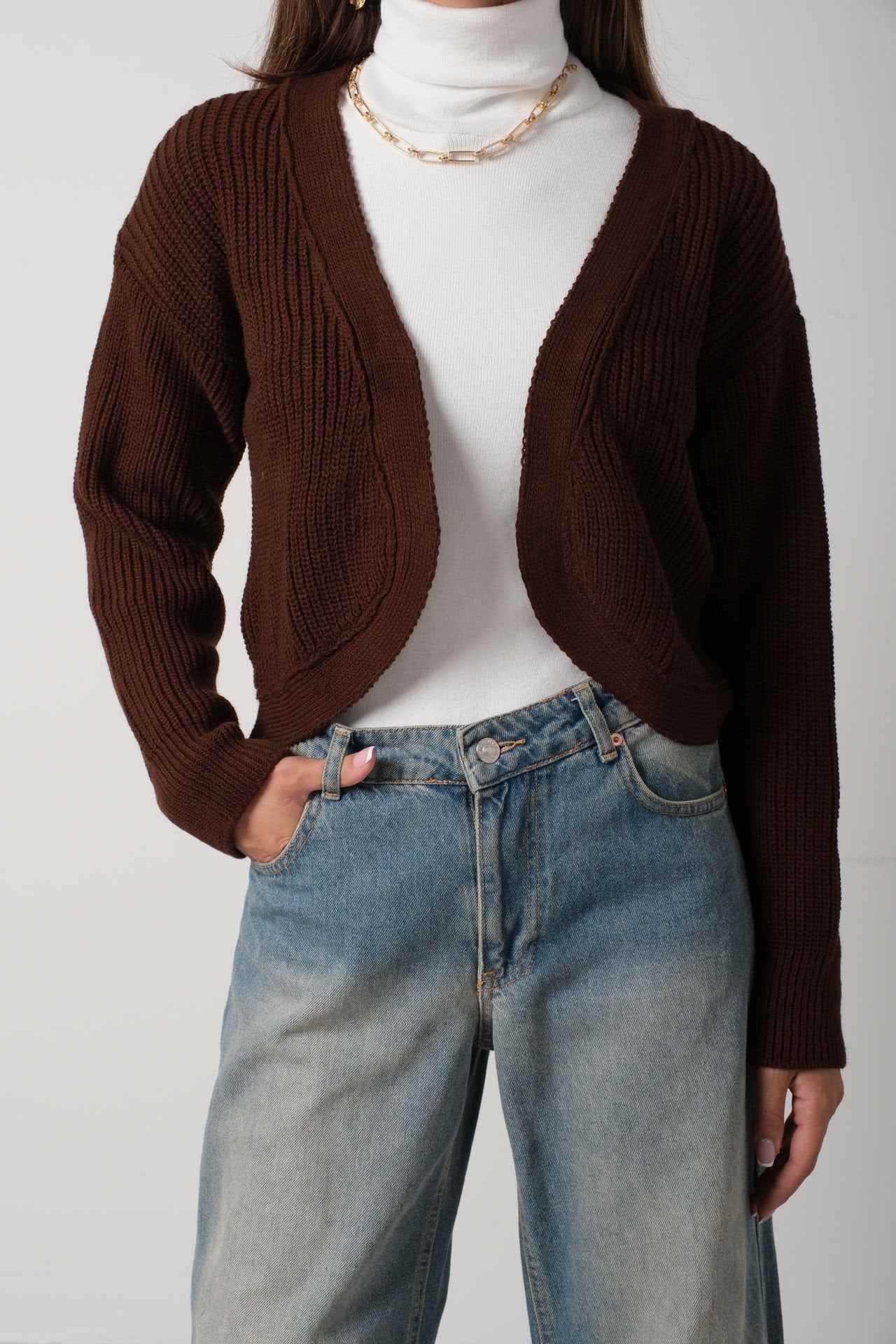 Piping Crop Brown Knitwear Cardigan