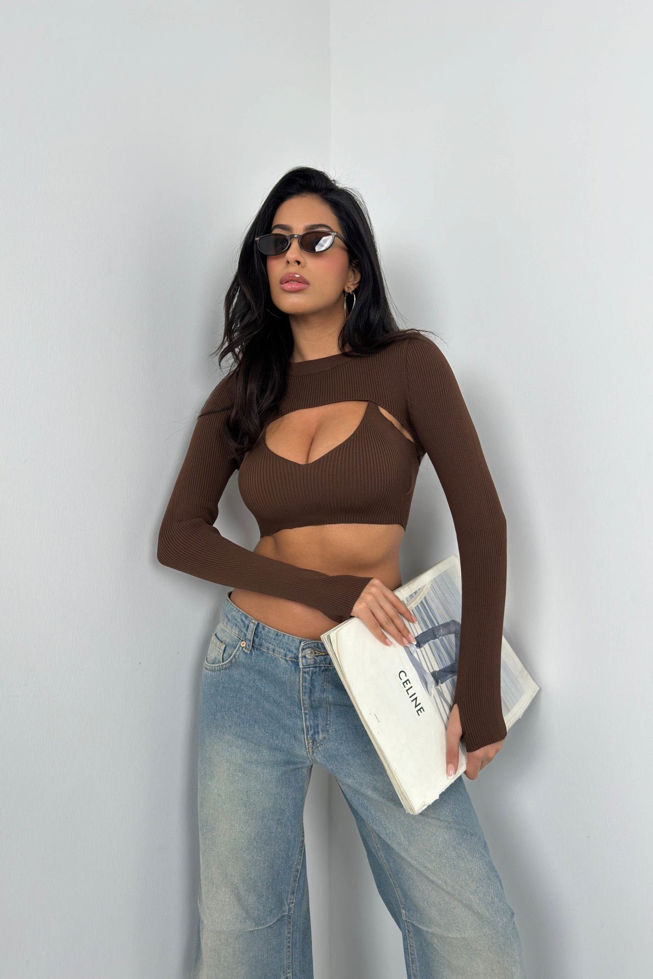 Ribbed Bra Bolero Brown Crop Sett