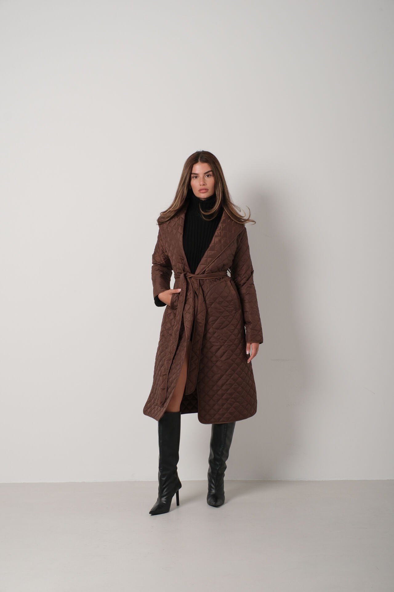 Quilted Pattern Maxi Length Brown Trench Coat