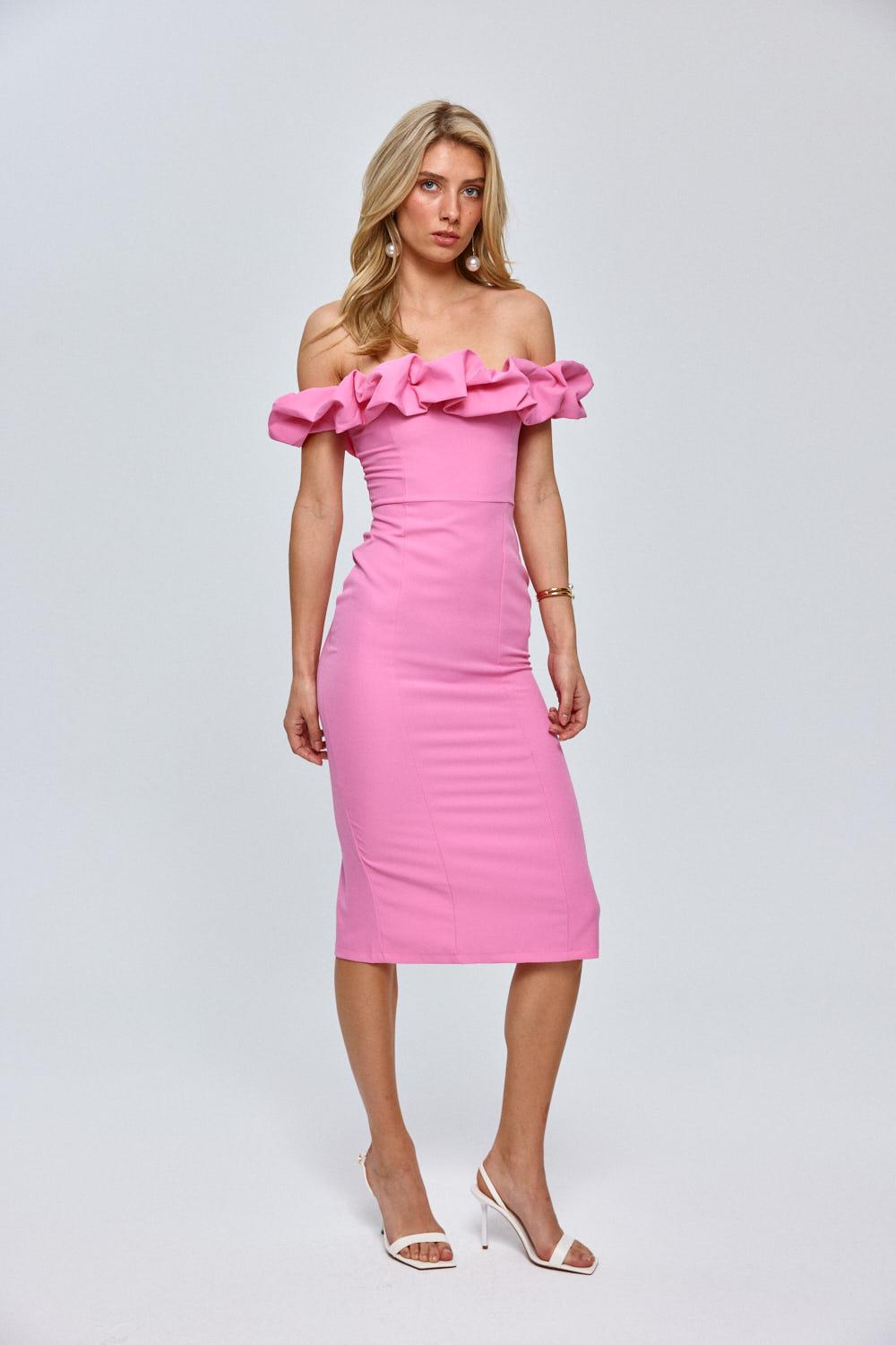 Madonna Hals Potlood Roze Midi Jurk