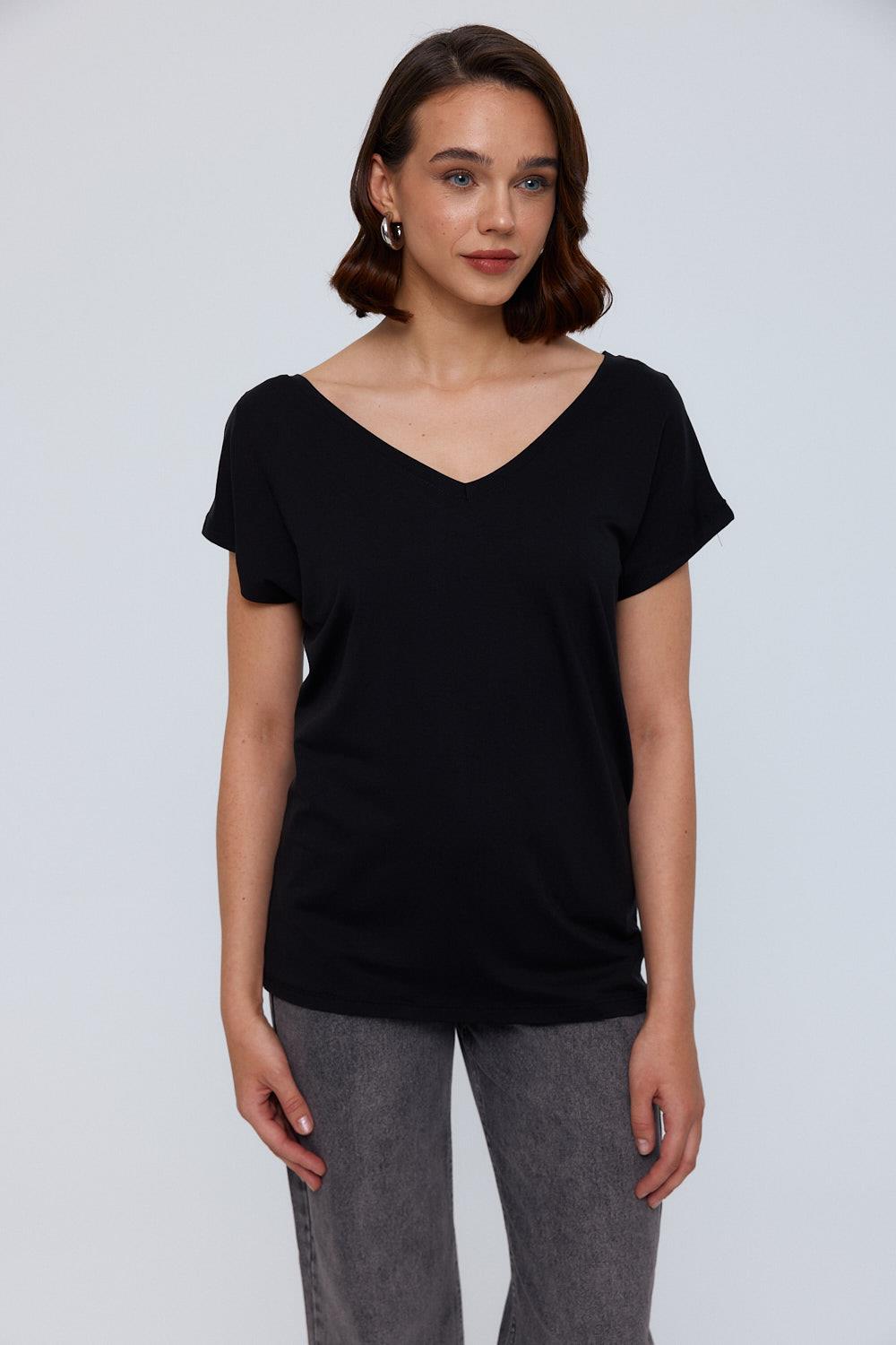 V-Neck Black Relaxed Fit Blouse