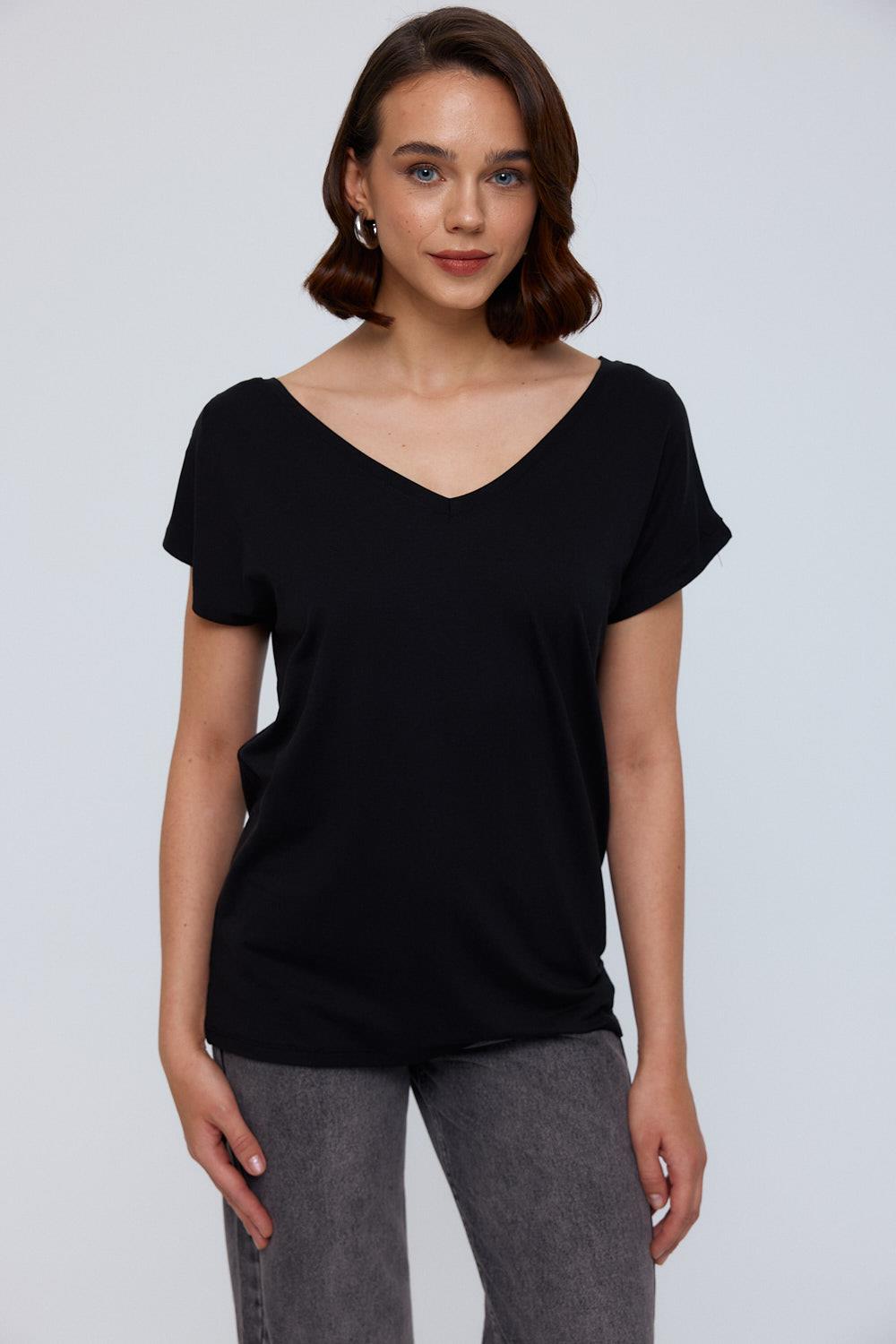 V-Neck Black Relaxed Fit Blouse